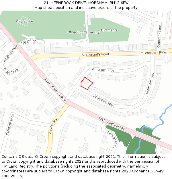 21, HERNBROOK DRIVE, HORSHAM, RH13 6EW: Location map and indicative extent of plot