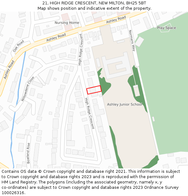 21, HIGH RIDGE CRESCENT, NEW MILTON, BH25 5BT: Location map and indicative extent of plot