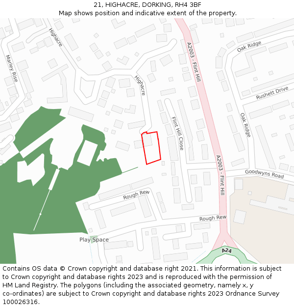 21, HIGHACRE, DORKING, RH4 3BF: Location map and indicative extent of plot