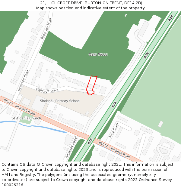 21, HIGHCROFT DRIVE, BURTON-ON-TRENT, DE14 2BJ: Location map and indicative extent of plot