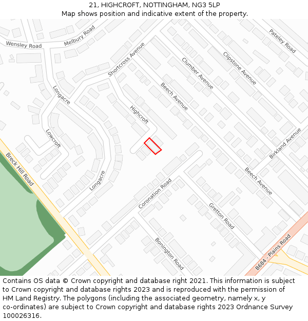 21, HIGHCROFT, NOTTINGHAM, NG3 5LP: Location map and indicative extent of plot