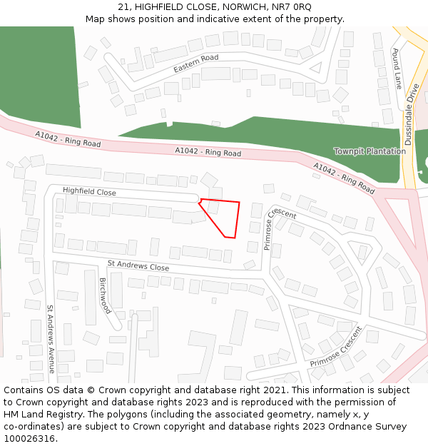21, HIGHFIELD CLOSE, NORWICH, NR7 0RQ: Location map and indicative extent of plot