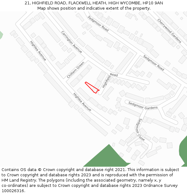 21, HIGHFIELD ROAD, FLACKWELL HEATH, HIGH WYCOMBE, HP10 9AN: Location map and indicative extent of plot