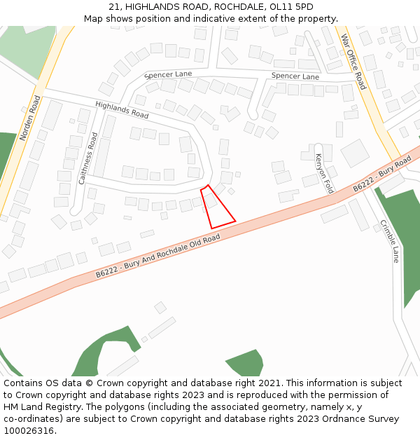 21, HIGHLANDS ROAD, ROCHDALE, OL11 5PD: Location map and indicative extent of plot