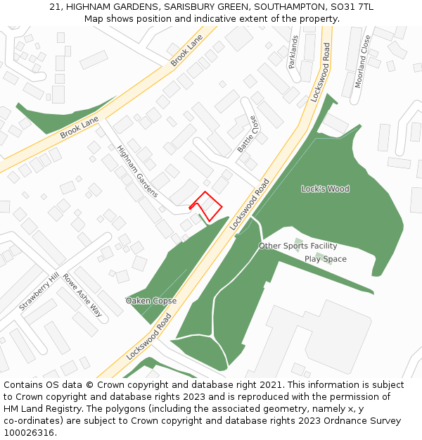 21, HIGHNAM GARDENS, SARISBURY GREEN, SOUTHAMPTON, SO31 7TL: Location map and indicative extent of plot