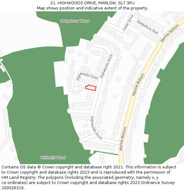 21, HIGHWOODS DRIVE, MARLOW, SL7 3PU: Location map and indicative extent of plot