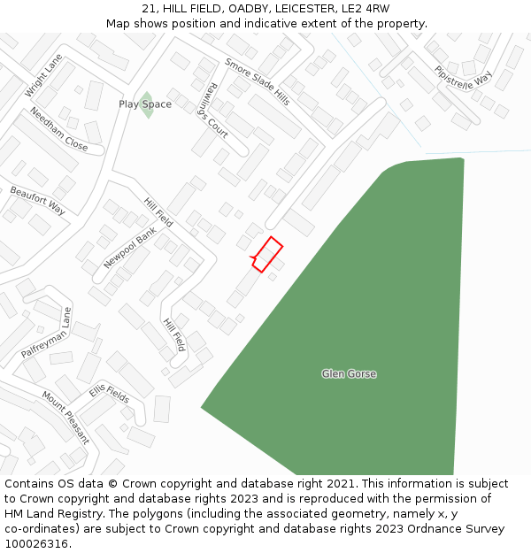 21, HILL FIELD, OADBY, LEICESTER, LE2 4RW: Location map and indicative extent of plot