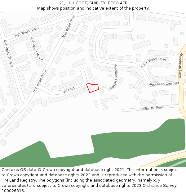 21, HILL FOOT, SHIPLEY, BD18 4EP: Location map and indicative extent of plot