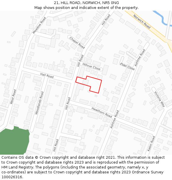 21, HILL ROAD, NORWICH, NR5 0NG: Location map and indicative extent of plot