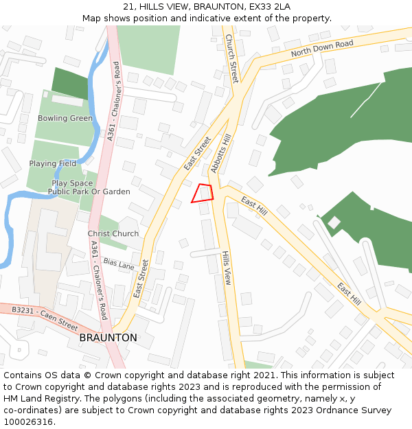 21, HILLS VIEW, BRAUNTON, EX33 2LA: Location map and indicative extent of plot