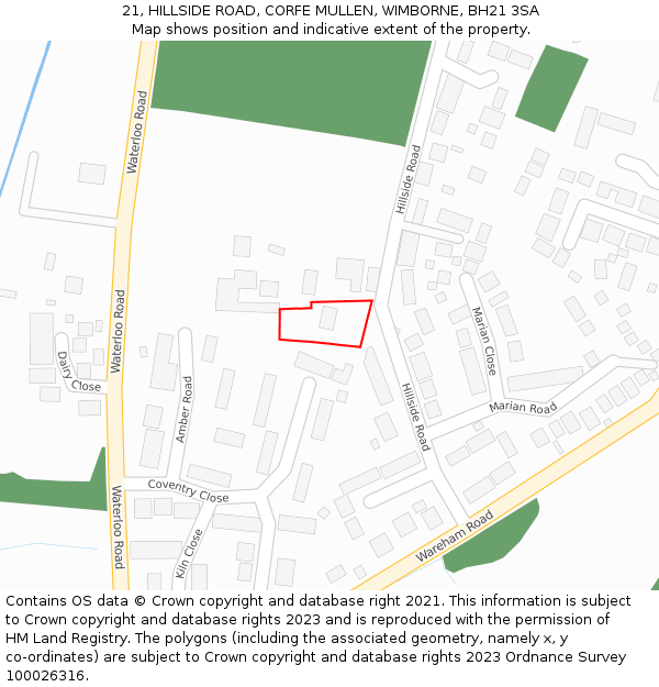 21, HILLSIDE ROAD, CORFE MULLEN, WIMBORNE, BH21 3SA: Location map and indicative extent of plot