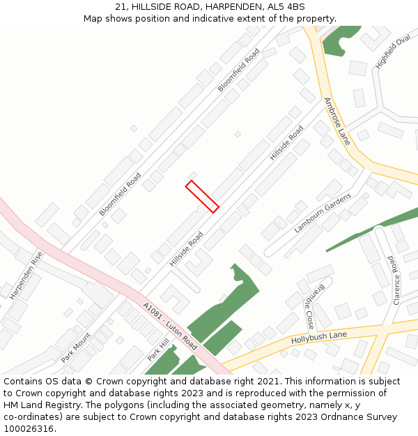 21, HILLSIDE ROAD, HARPENDEN, AL5 4BS: Location map and indicative extent of plot