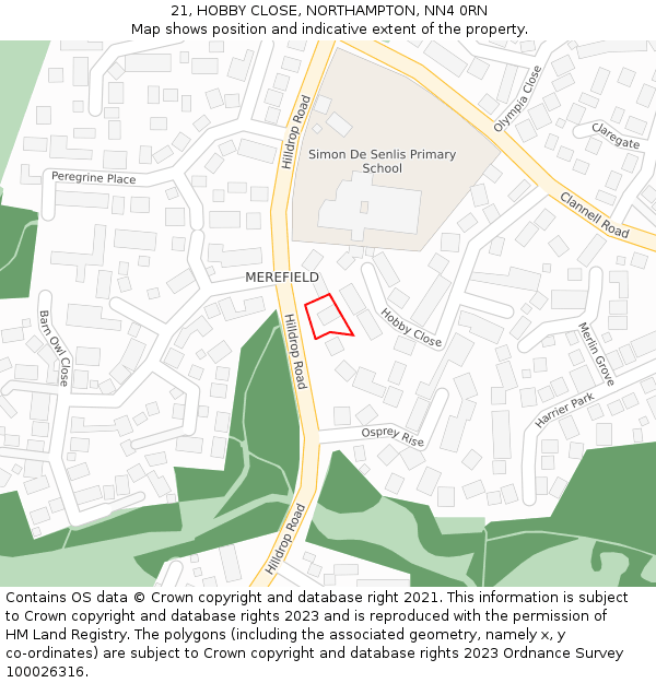 21, HOBBY CLOSE, NORTHAMPTON, NN4 0RN: Location map and indicative extent of plot