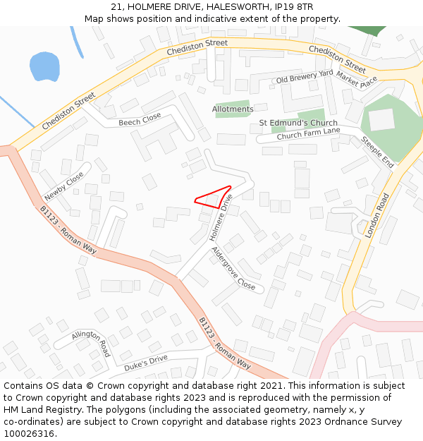 21, HOLMERE DRIVE, HALESWORTH, IP19 8TR: Location map and indicative extent of plot