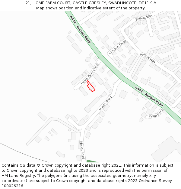 21, HOME FARM COURT, CASTLE GRESLEY, SWADLINCOTE, DE11 9JA: Location map and indicative extent of plot