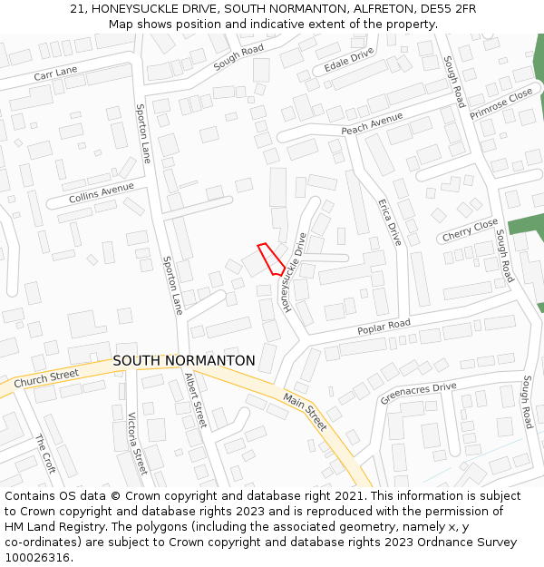 21, HONEYSUCKLE DRIVE, SOUTH NORMANTON, ALFRETON, DE55 2FR: Location map and indicative extent of plot