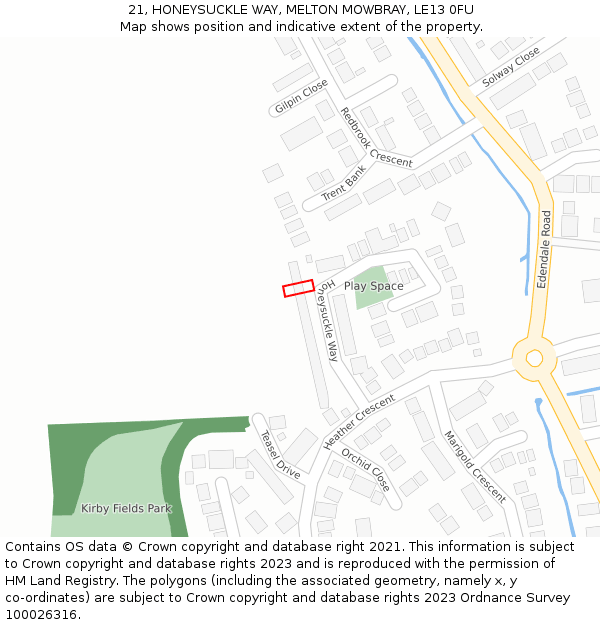 21, HONEYSUCKLE WAY, MELTON MOWBRAY, LE13 0FU: Location map and indicative extent of plot