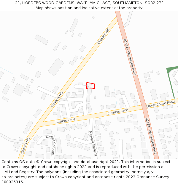 21, HORDERS WOOD GARDENS, WALTHAM CHASE, SOUTHAMPTON, SO32 2BF: Location map and indicative extent of plot