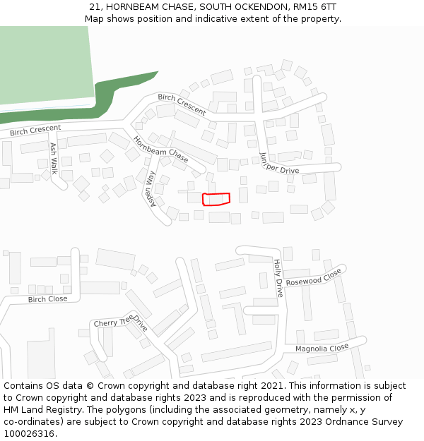 21, HORNBEAM CHASE, SOUTH OCKENDON, RM15 6TT: Location map and indicative extent of plot