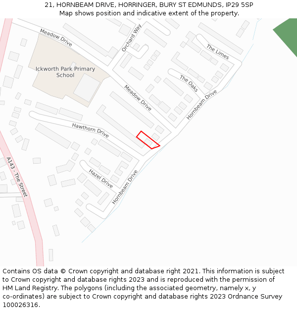 21, HORNBEAM DRIVE, HORRINGER, BURY ST EDMUNDS, IP29 5SP: Location map and indicative extent of plot