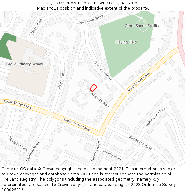 21, HORNBEAM ROAD, TROWBRIDGE, BA14 0AF: Location map and indicative extent of plot