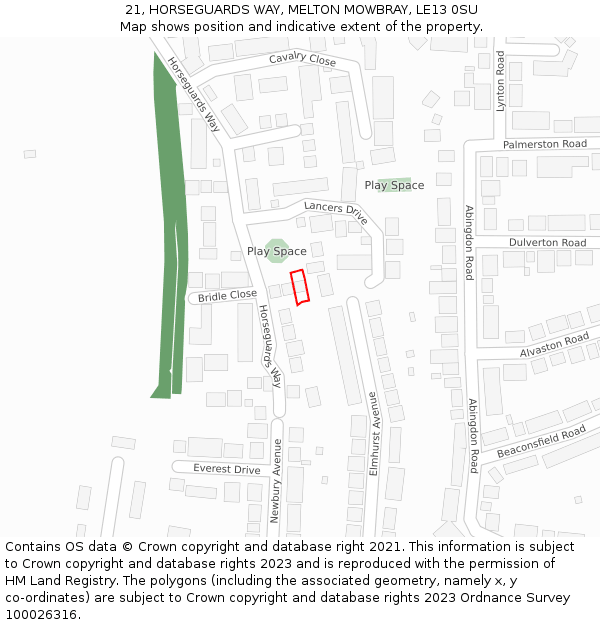 21, HORSEGUARDS WAY, MELTON MOWBRAY, LE13 0SU: Location map and indicative extent of plot