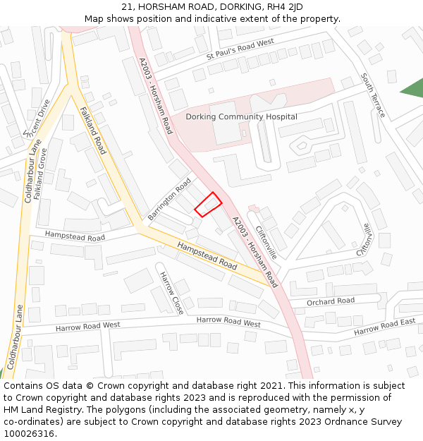 21, HORSHAM ROAD, DORKING, RH4 2JD: Location map and indicative extent of plot