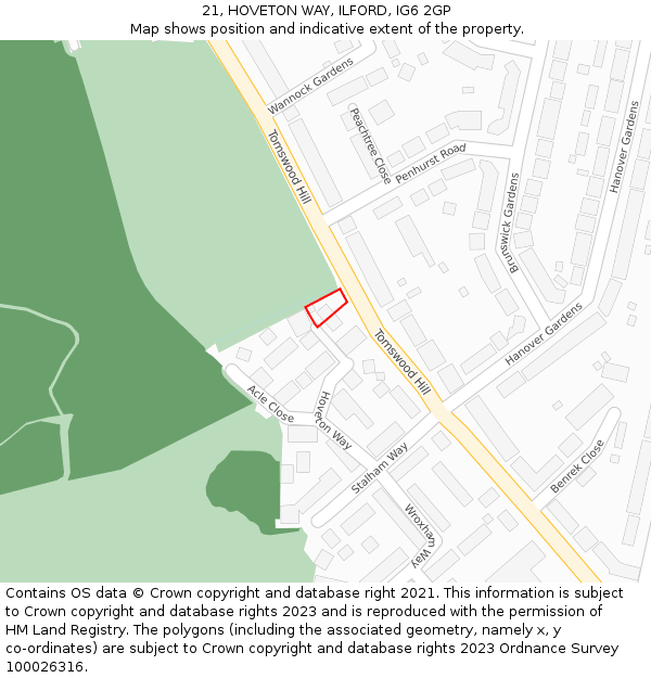 21, HOVETON WAY, ILFORD, IG6 2GP: Location map and indicative extent of plot