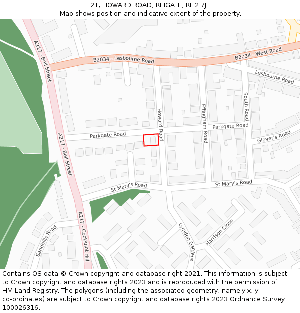 21, HOWARD ROAD, REIGATE, RH2 7JE: Location map and indicative extent of plot