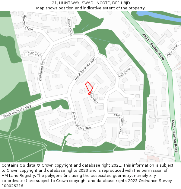 21, HUNT WAY, SWADLINCOTE, DE11 8JD: Location map and indicative extent of plot