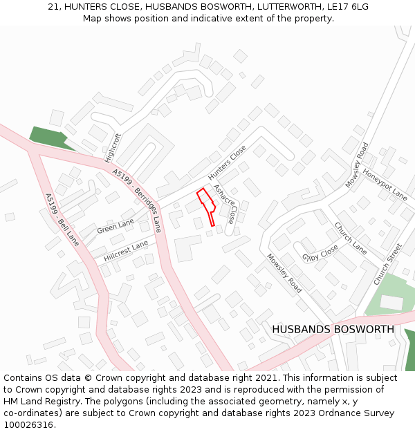 21, HUNTERS CLOSE, HUSBANDS BOSWORTH, LUTTERWORTH, LE17 6LG: Location map and indicative extent of plot