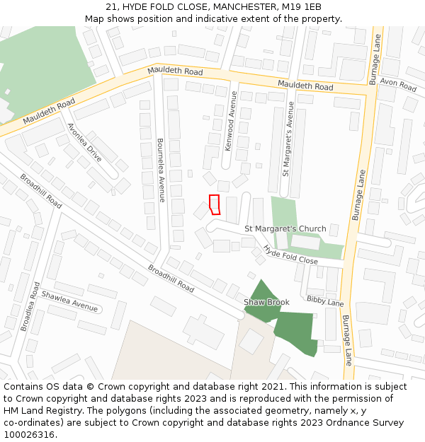 21, HYDE FOLD CLOSE, MANCHESTER, M19 1EB: Location map and indicative extent of plot