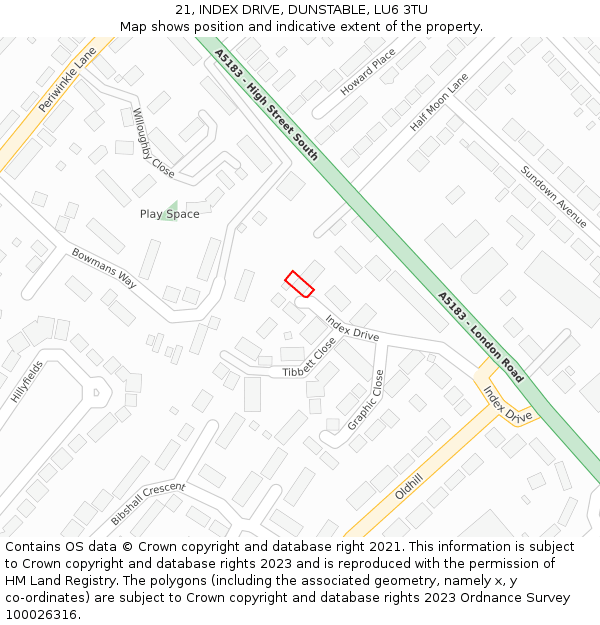 21, INDEX DRIVE, DUNSTABLE, LU6 3TU: Location map and indicative extent of plot