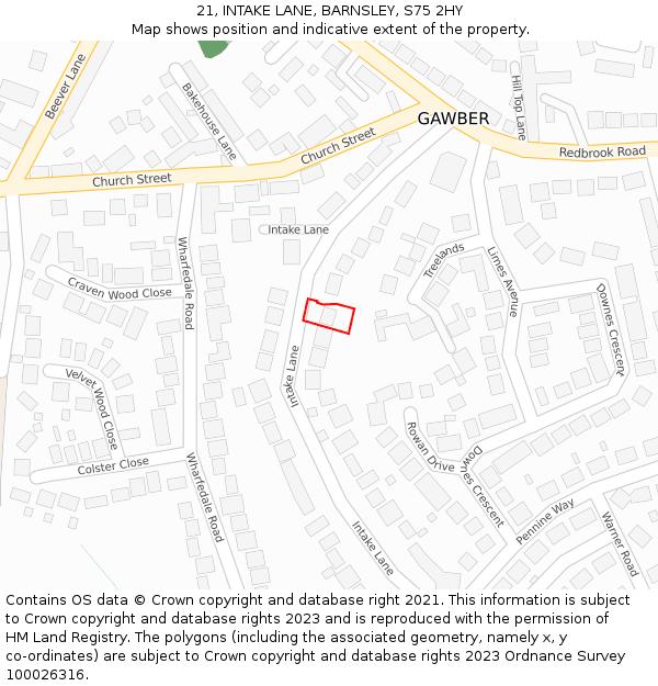 21, INTAKE LANE, BARNSLEY, S75 2HY: Location map and indicative extent of plot