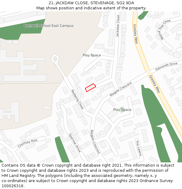 21, JACKDAW CLOSE, STEVENAGE, SG2 9DA: Location map and indicative extent of plot