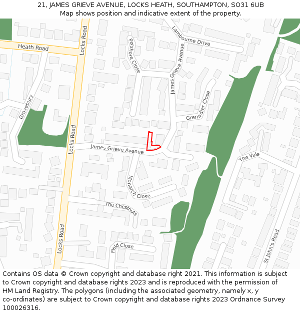 21, JAMES GRIEVE AVENUE, LOCKS HEATH, SOUTHAMPTON, SO31 6UB: Location map and indicative extent of plot