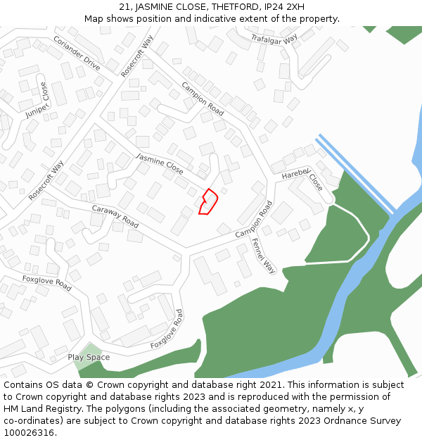 21, JASMINE CLOSE, THETFORD, IP24 2XH: Location map and indicative extent of plot