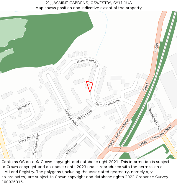 21, JASMINE GARDENS, OSWESTRY, SY11 1UA: Location map and indicative extent of plot