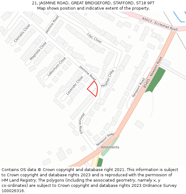 21, JASMINE ROAD, GREAT BRIDGEFORD, STAFFORD, ST18 9PT: Location map and indicative extent of plot