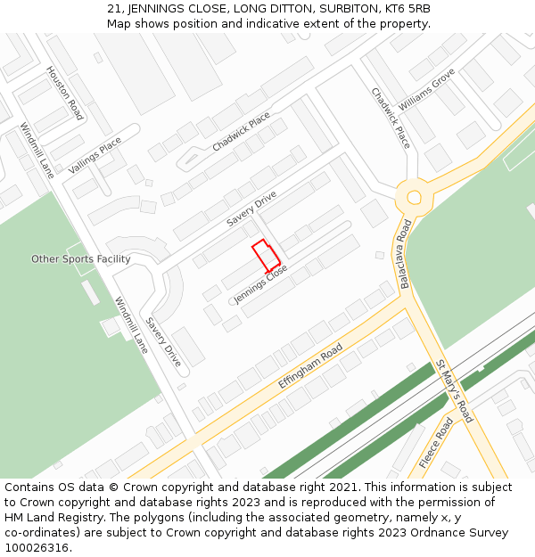 21, JENNINGS CLOSE, LONG DITTON, SURBITON, KT6 5RB: Location map and indicative extent of plot