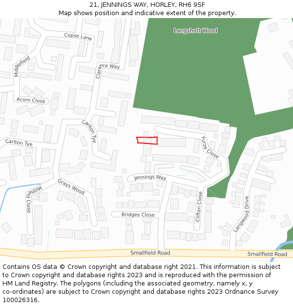 21, JENNINGS WAY, HORLEY, RH6 9SF: Location map and indicative extent of plot