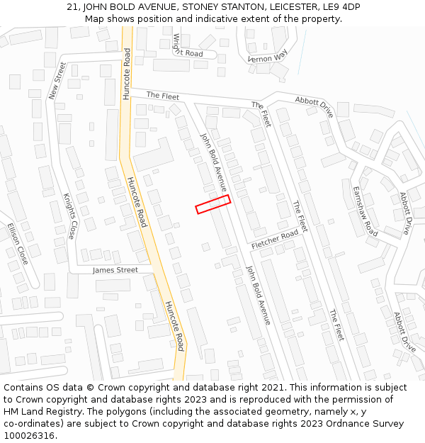 21, JOHN BOLD AVENUE, STONEY STANTON, LEICESTER, LE9 4DP: Location map and indicative extent of plot