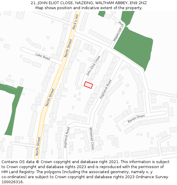 21, JOHN ELIOT CLOSE, NAZEING, WALTHAM ABBEY, EN9 2NZ: Location map and indicative extent of plot