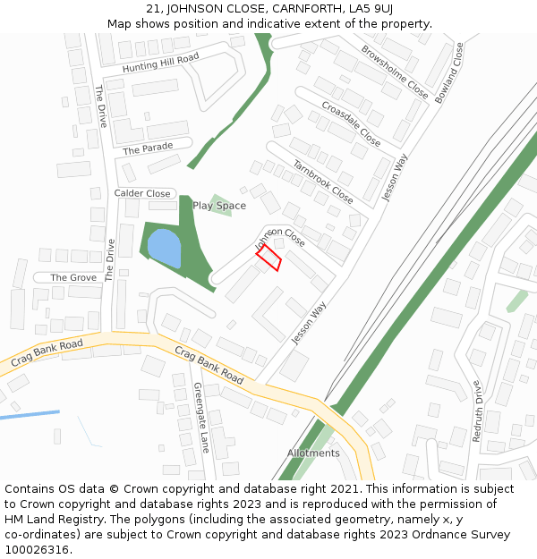 21, JOHNSON CLOSE, CARNFORTH, LA5 9UJ: Location map and indicative extent of plot