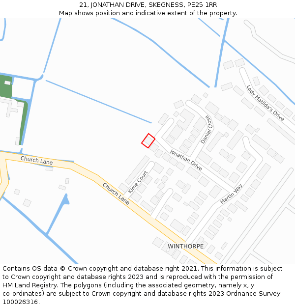 21, JONATHAN DRIVE, SKEGNESS, PE25 1RR: Location map and indicative extent of plot