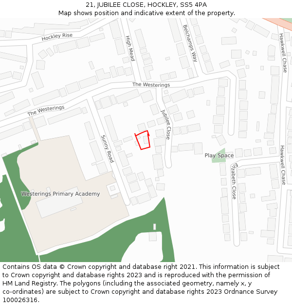 21, JUBILEE CLOSE, HOCKLEY, SS5 4PA: Location map and indicative extent of plot