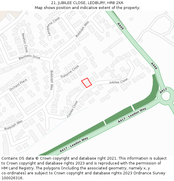 21, JUBILEE CLOSE, LEDBURY, HR8 2XA: Location map and indicative extent of plot