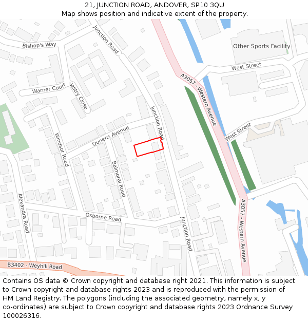 21, JUNCTION ROAD, ANDOVER, SP10 3QU: Location map and indicative extent of plot