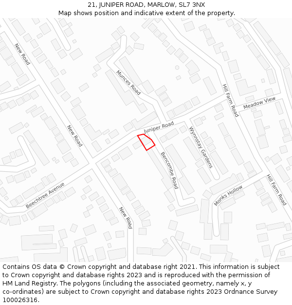 21, JUNIPER ROAD, MARLOW, SL7 3NX: Location map and indicative extent of plot