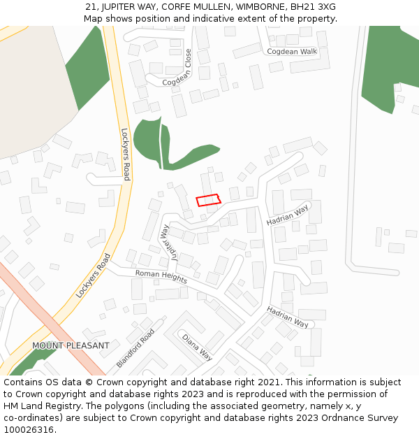 21, JUPITER WAY, CORFE MULLEN, WIMBORNE, BH21 3XG: Location map and indicative extent of plot